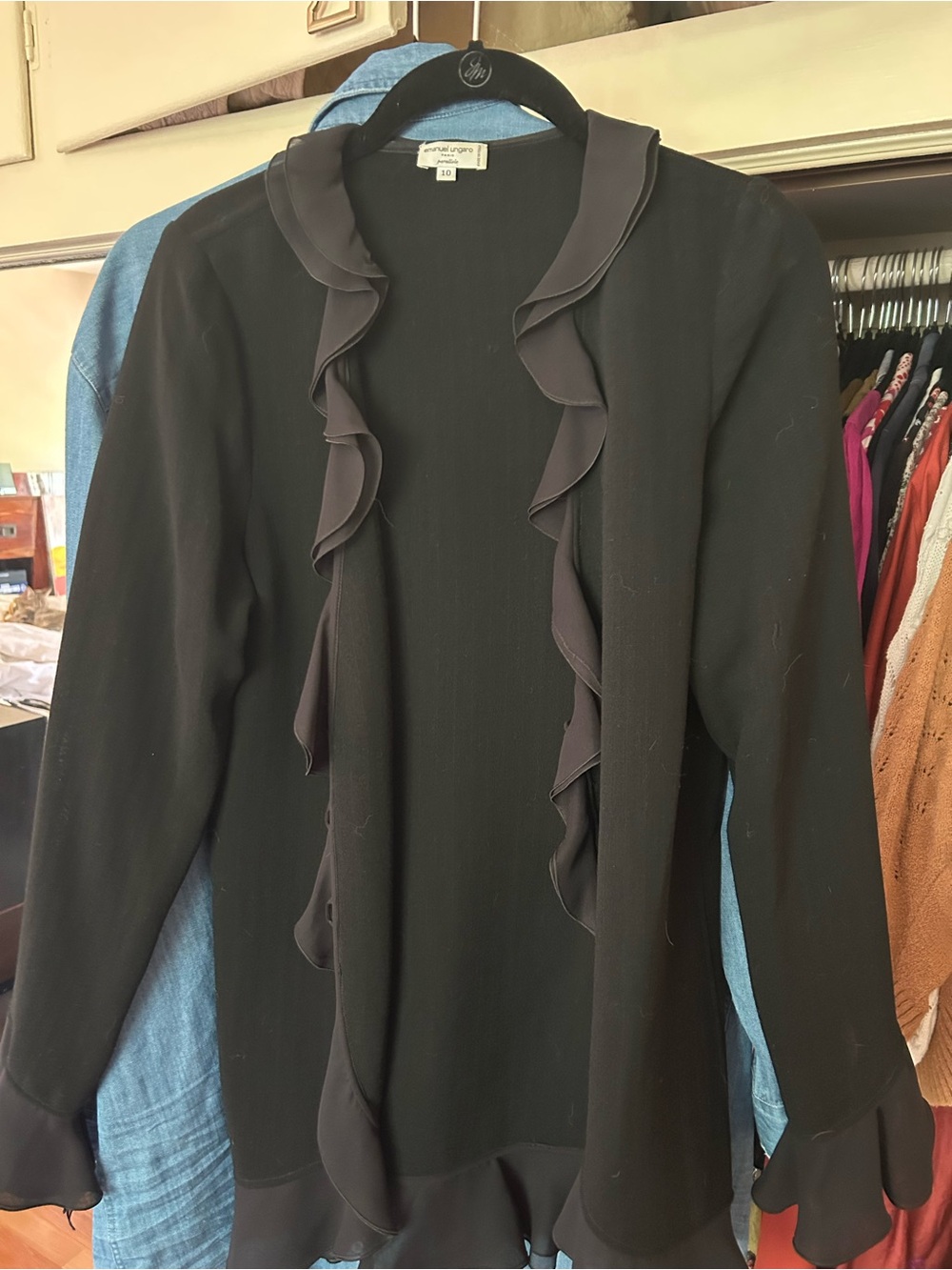 Vintage Emanuel Ungaro black ruffle-trim jacket 10
